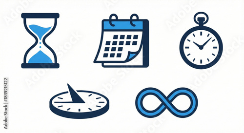Diverse collection of graphic icons representing various aspects of time measurement, scheduling, history, and eternity