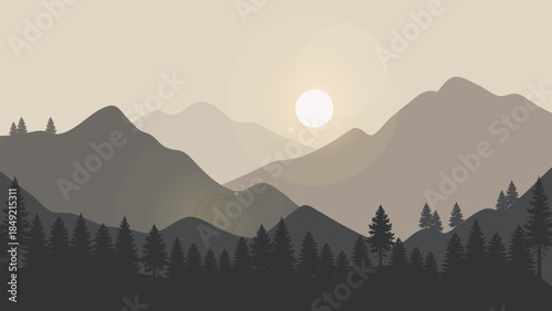 Landscape Mountains Illustration Gray and Silhouette Pine Tree on Evening.Vector Scenery