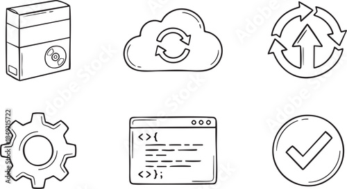 Hand drawn icons server cloud computing refresh arrows gear code and checkmark computer
