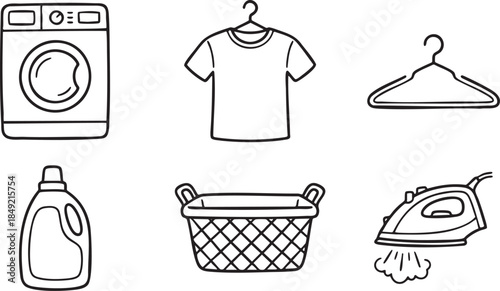 Hand drawn laundry items including washing machine clothes basket detergent and iron vector