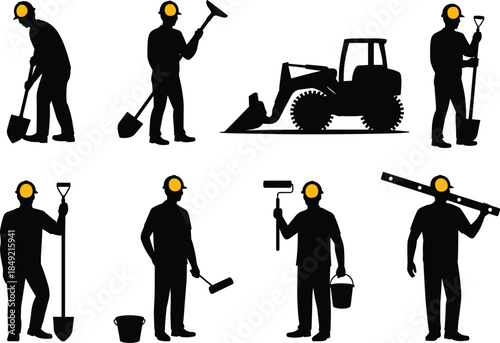 Construction worker silhouettes with tools and loader machinery illustrating labor professions, industrial jobs, maintenance tasks vector illustration set isolated collection