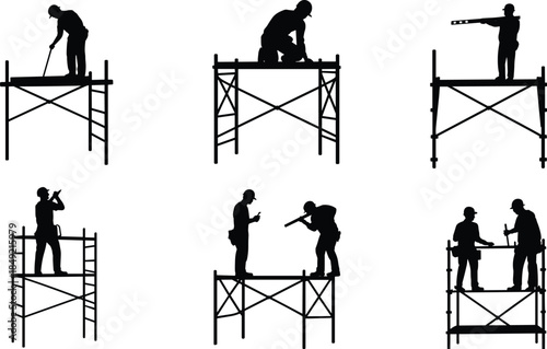 Construction workers silhouettes on scaffolding platforms showing teamwork, safety, labor tasks, industrial building process vector illustration isolated black construction set