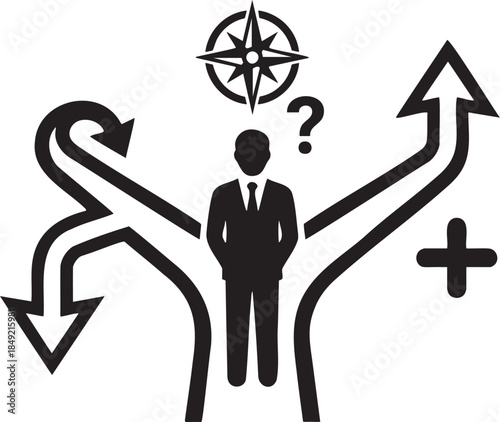 Silhouette man at crossroads with compass question mark and multiple path arrows decision choice