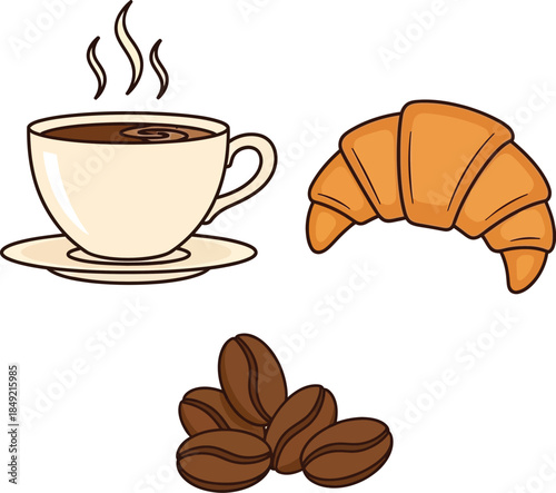 Coffee and Breakfast Illustration Set: Hot Espresso Cup, Fresh Croissant, and Roasted Coffee Beans on White Background