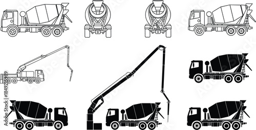 Concrete mixer trucks and pump vehicles vector set for construction, engineering, building site, cement delivery, heavy equipment illustration bundle