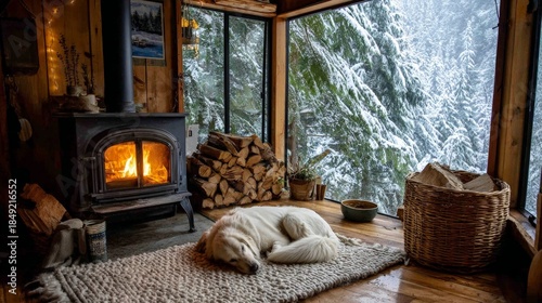 A dog is sleeping on a rug in front of a fireplace. The room is cozy and warm, with a basket of logs next to the fireplace