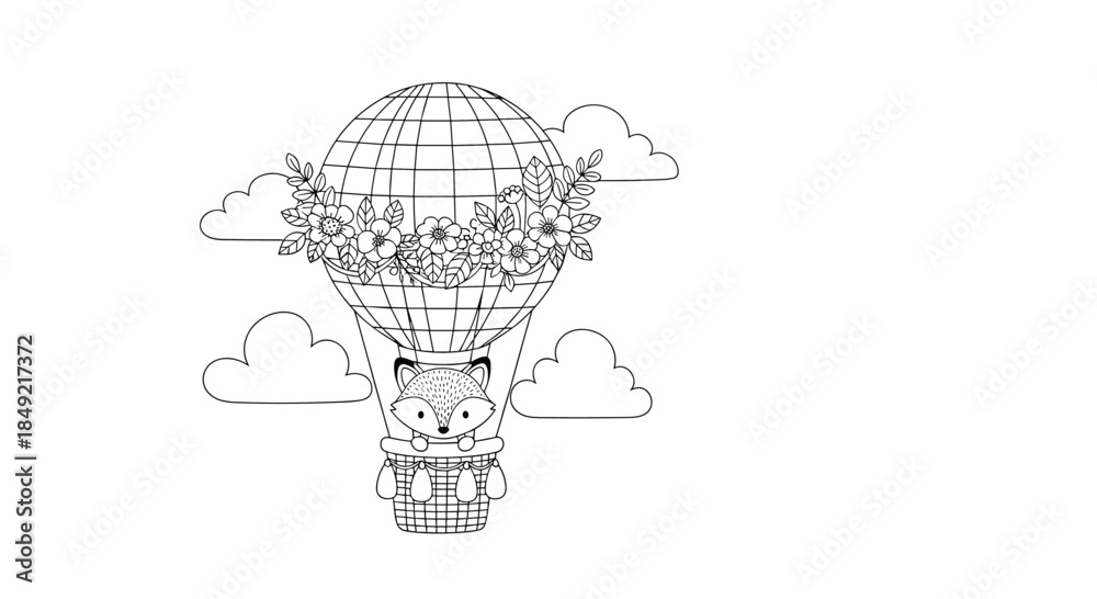 Obraz premium Charming fox travels in a hot air balloon adorned with a floral garland while floating among fluffy clouds in the sky.