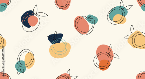 Seamless pattern showcases abstract fruit shapes like apples and pears in a minimalist hand-drawn style with earthy colors.