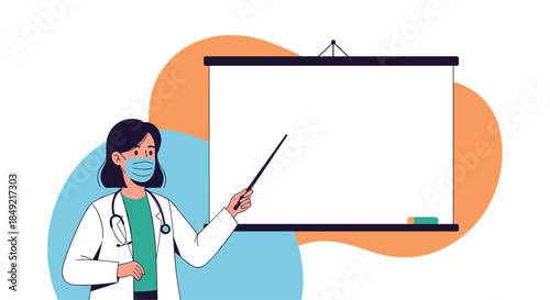 Female doctor wearing a protective face mask and white coat uses a pointer to present information on a blank whiteboard.