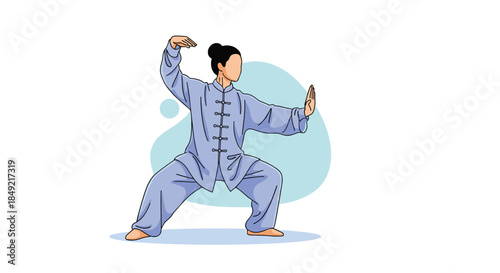 Martial arts practitioner in a traditional blue uniform demonstrates a powerful Tai Chi pose against an abstract background.