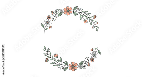 Delicate circular floral wreath made of hand-drawn flowers and leaves creates a beautiful frame for text or invitations.