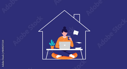 Woman works productively on her laptop while sitting comfortably inside a symbolic house outline against a blue background.