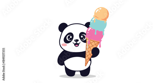 Sweet panda bear holds a giant ice cream cone with three colorful scoops including orange, blue, and pink flavors.