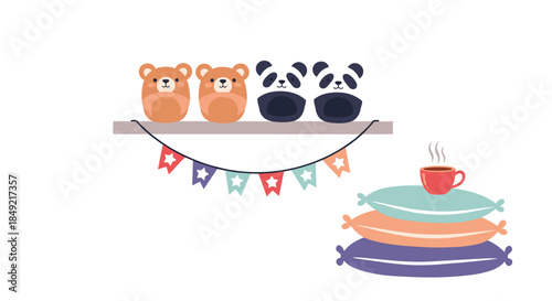 Cozy shelf displays cute stuffed bears and pandas above a stack of pillows with a steaming cup of coffee nearby.