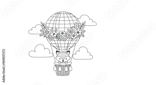 Charming fox travels in a hot air balloon adorned with a floral garland while floating among fluffy clouds in the sky.