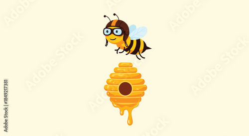 Hardworking honeybee wearing a pilot helmet and goggles flies toward its dripping honeycomb hive on a light background.