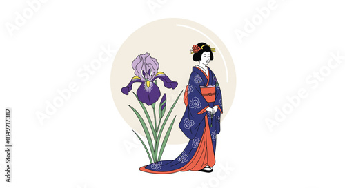 Graceful Japanese woman dressed in a purple kimono stands beside a tall blooming iris flower against a circular backdrop.