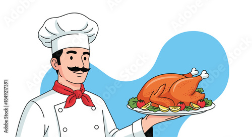 Friendly chef wearing a traditional white uniform and red scarf presents a perfectly roasted turkey on a serving platter.