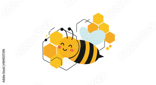 Smiling cartoon bee with black and yellow stripes flies near several golden honeycombs on a clean white background.