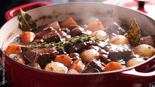 Rich beef bourguignon simmering in red pot with vegetables and aromatic herbs