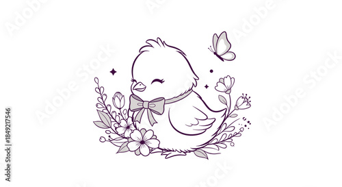 Sweet little chick line art illustration wearing a decorative bow tie surrounded by delicate spring flowers and a flying butterfly.