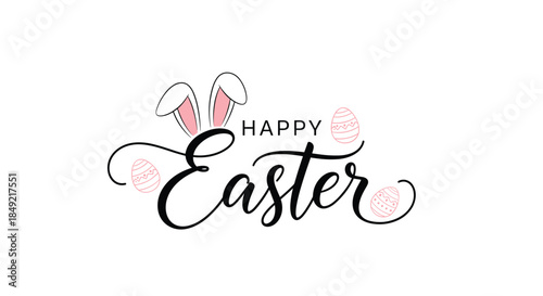 Happy easter festive greeting typography featuring elegant black calligraphy bunny ears and decorative pink patterned eggs on white.