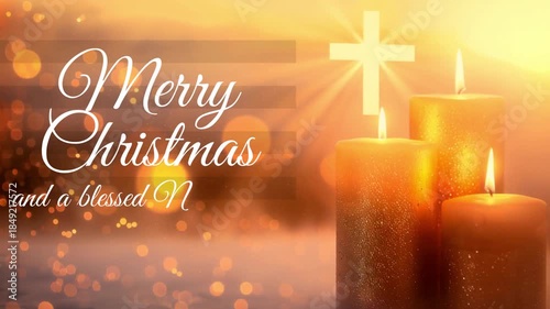 christian christmas greeting card with merry christmas and blessed New Year 2026 wishes, candles, catholic cross 