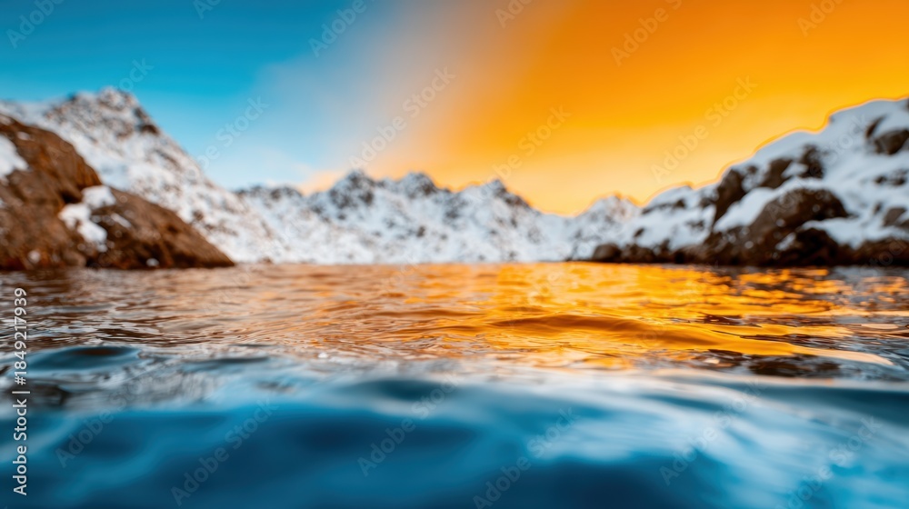 Fototapeta premium A breathtaking scene of a mountain lake captures the vibrant colors of sunset reflecting on the water, surrounded by snow-tipped peaks creating a tranquil atmosphere.