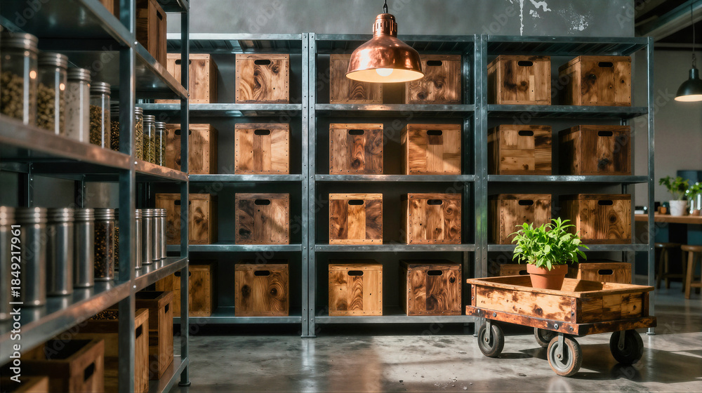 Naklejka premium A warehouse interior with metal shelving units filled with wooden crates, a copper pendant light hanging from the ceiling, and a rustic wooden cart holding a potted plant.