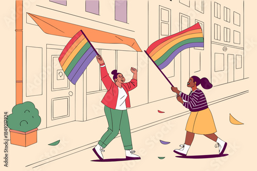 Diverse Women Celebrating LGBTQ+ Pride with Rainbow Flags
