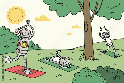 Friendly Robots Practicing Yoga Outdoors in a Sunny Park