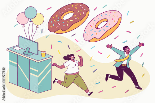 Joyful Office Celebration with Flying Donuts and Sprinkles