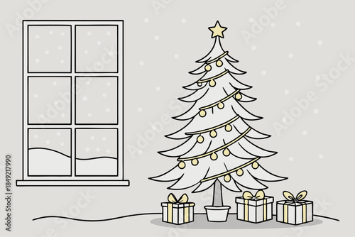 Minimalist Christmas Tree and Gifts by Snowy Window