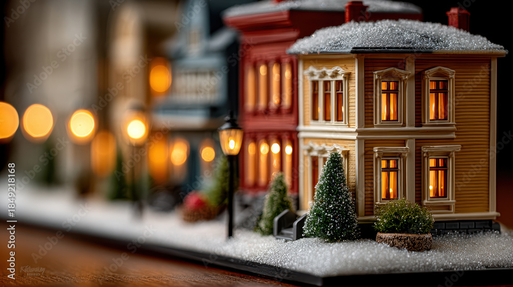 Fototapeta premium Snowy christmas village street with wooden houses and glowing windows