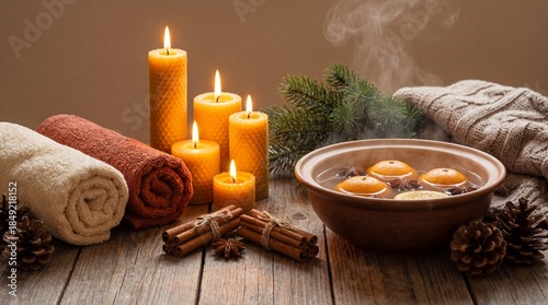 Winter Spa Still Life with Burning Beeswax Candles Cinnamon Sticks and Citrus Aromatherapy Bowl on Wooden Table