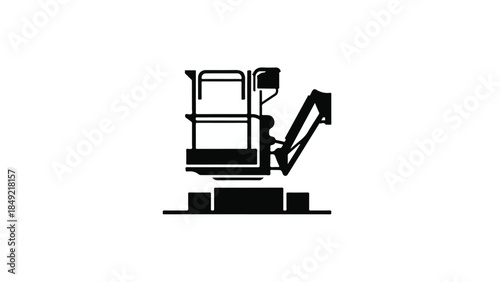 Mini excavator silhouette, heavy machinery, construction equipment, industrial vehicle, digger, backhoe, isolated black icon on white background