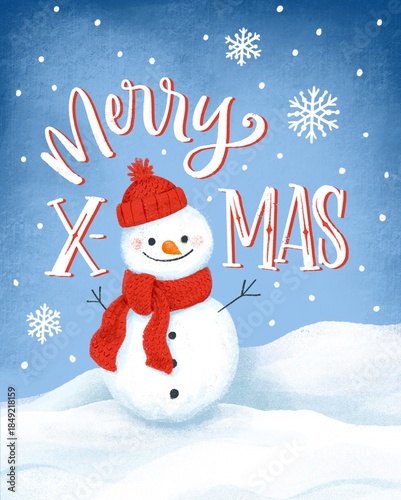 Cute Hand Drawn Snowman Illustration, Merry X-Mas Lettering, Beautiful Texture, Children's Book Style, Card