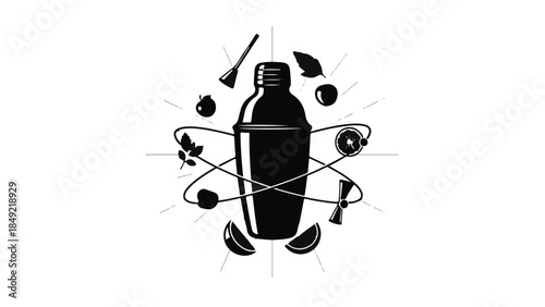 Cocktail shaker mixology bartending illustration with tools and ingredients, modern barware and drink preparation concept