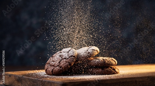 Macro Shot of Powdered Sugar Falling on Fresh Chocolate Cookies on Wooden Board with Dark Moody Background