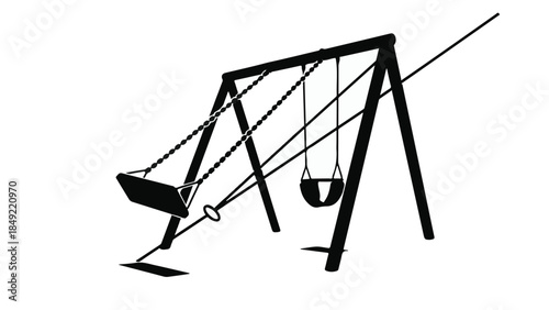 Black silhouette of empty swing set with two swings in outdoor playground equipment against white background
