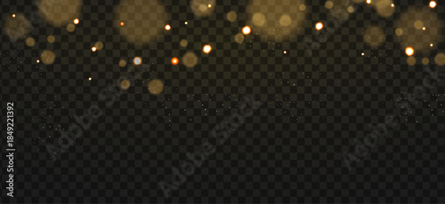 Golden bokeh particles and soft glowing dust overlay isolated on transparent background