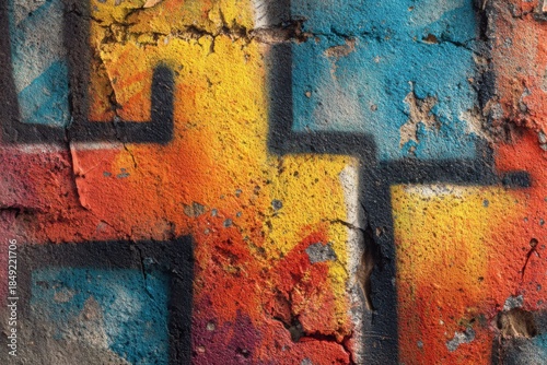 Colorful graffiti wall texture featuring vibrant hues and unique patterns in an urban setting with visible wear and age