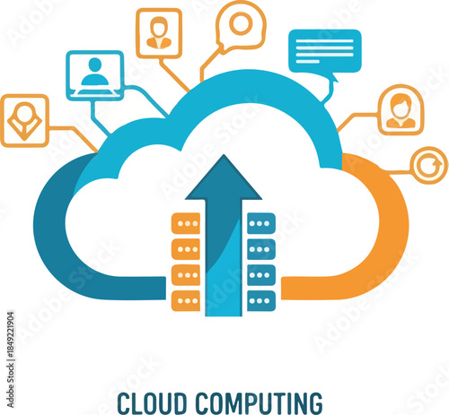 A colorful illustration of a cloud computing service icons set with a blue and orange design, featuring a server and various UI icons. Perfect for technology, web design, and software