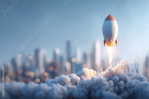 Innovative business concepts take flight as ideas soar into the future with a rocket launching over a vibrant city skyline
