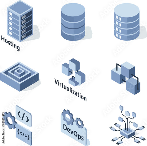 A set of computing service icons including hosting, virtualization, and DevOps on a white background. Perfect for software development, IT services, and cloud computing presentations.