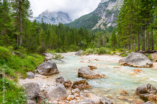 Majestic Boite river view. Dolomites mountains. Italy