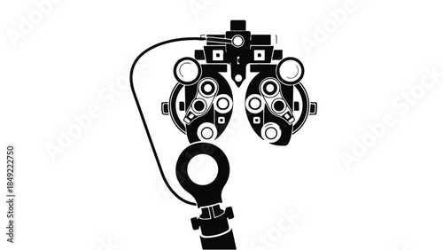 Phoropter optometrist equipment for eye examination in medical office setting with black and white design