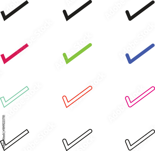 Colorful check marks displayed in various orientations on a white background