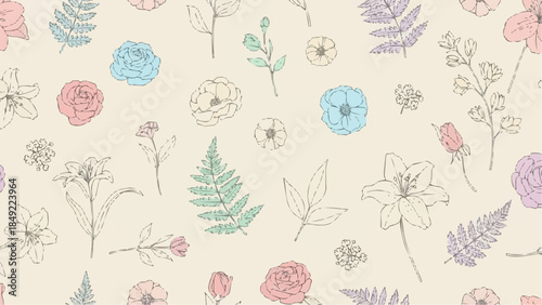 Vibrant floral pattern with colorful flowers and leaves on cream background