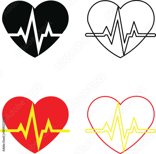 Heartbeat rhythms black white red and outline variations displayed